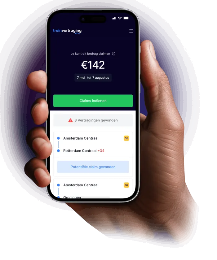 De trein-vertraging.nl app toont €142 aan claimbare compensatie over acht gevonden vertragingen
